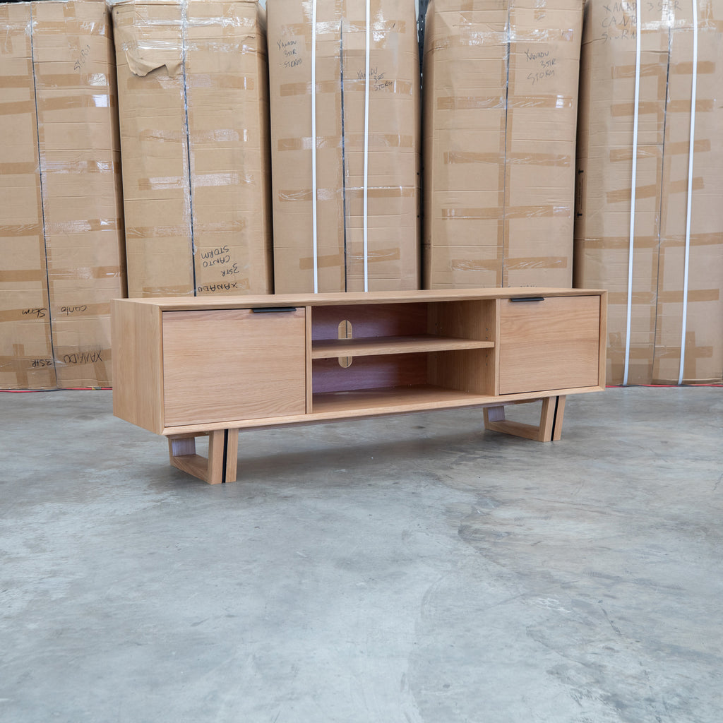 The Crete White Oak Hardwood Entertainment Unit available to purchase from Warehouse Furniture Clearance at our next sale event.