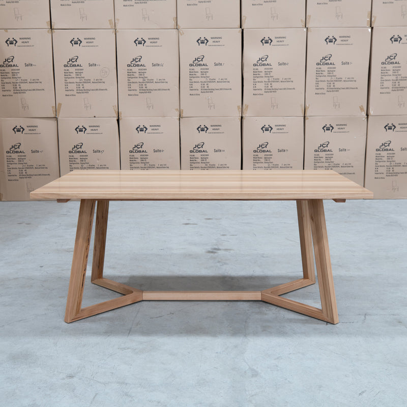 The Dante 180cm Messmate Timber Dining Table available to purchase from Warehouse Furniture Clearance at our next sale event.