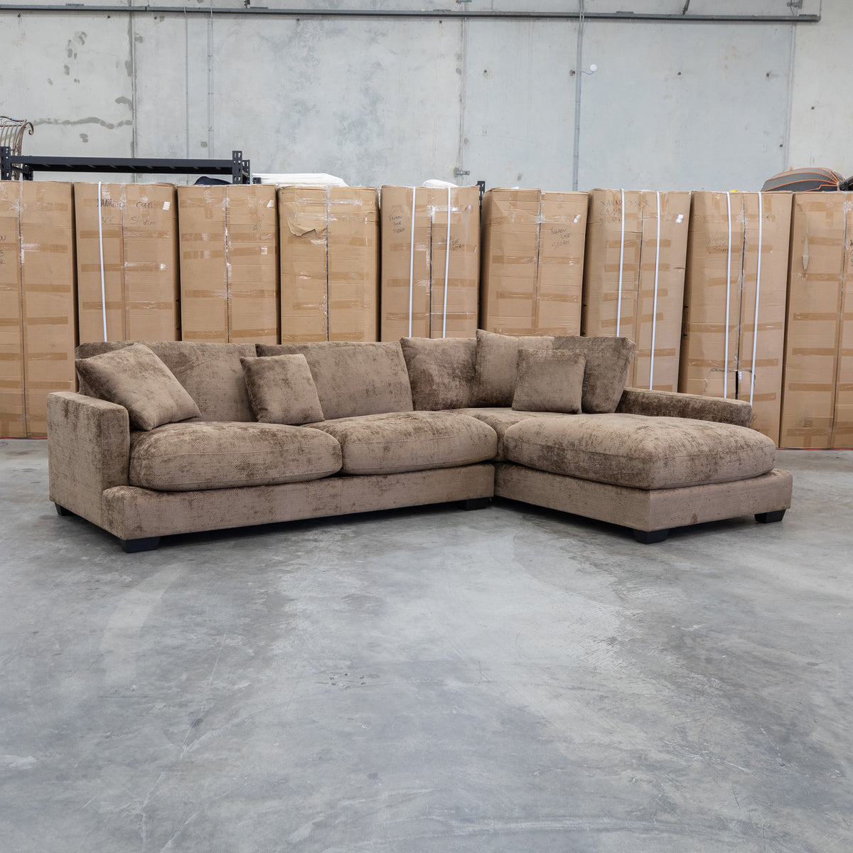 The Fate Deep Seat Feather & Foam RHF Chaise Lounge - Truffle available to purchase from Warehouse Furniture Clearance at our next sale event.