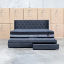 The Denmark Queen Fabric Storage Bed - Charcoal available to purchase from Warehouse Furniture Clearance at our next sale event.