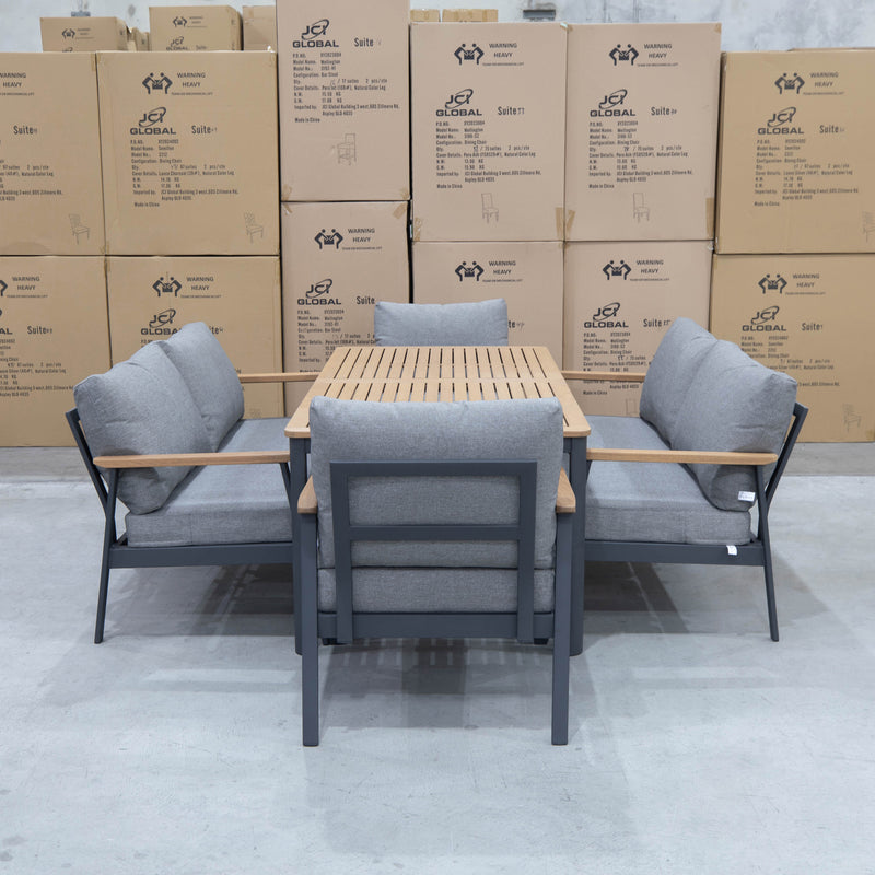 The Denver 5 Piece Outdoor Lounge Dining Suite available to purchase from Warehouse Furniture Clearance at our next sale event.