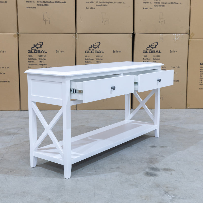 The Hampton 2 Drawer White Hall Table available to purchase from Warehouse Furniture Clearance at our next sale event.