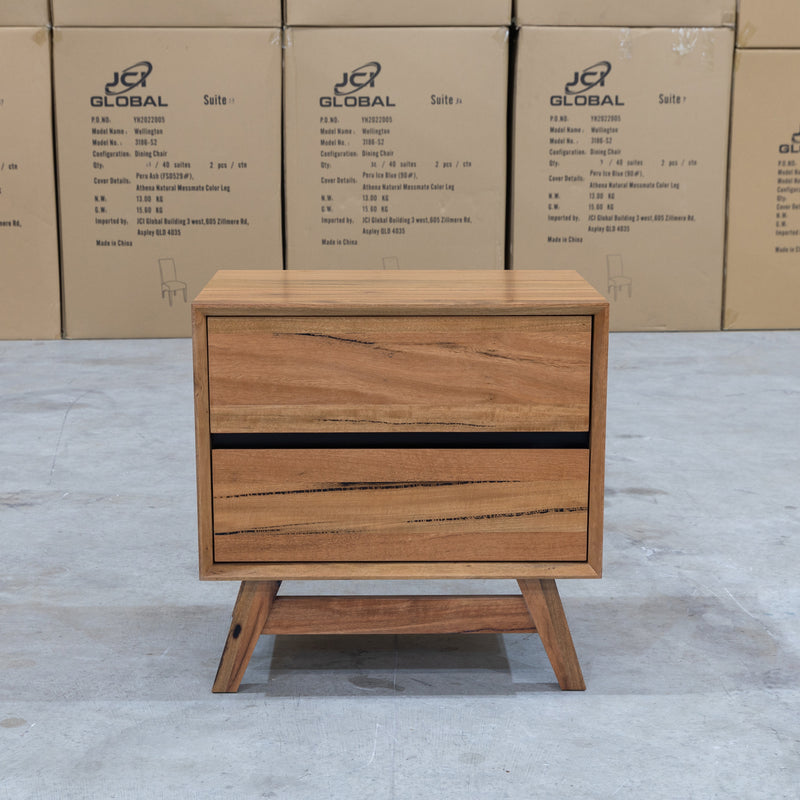 The Polo Marri Harwood Timber Two Drawer Bedside available to purchase from Warehouse Furniture Clearance at our next sale event.