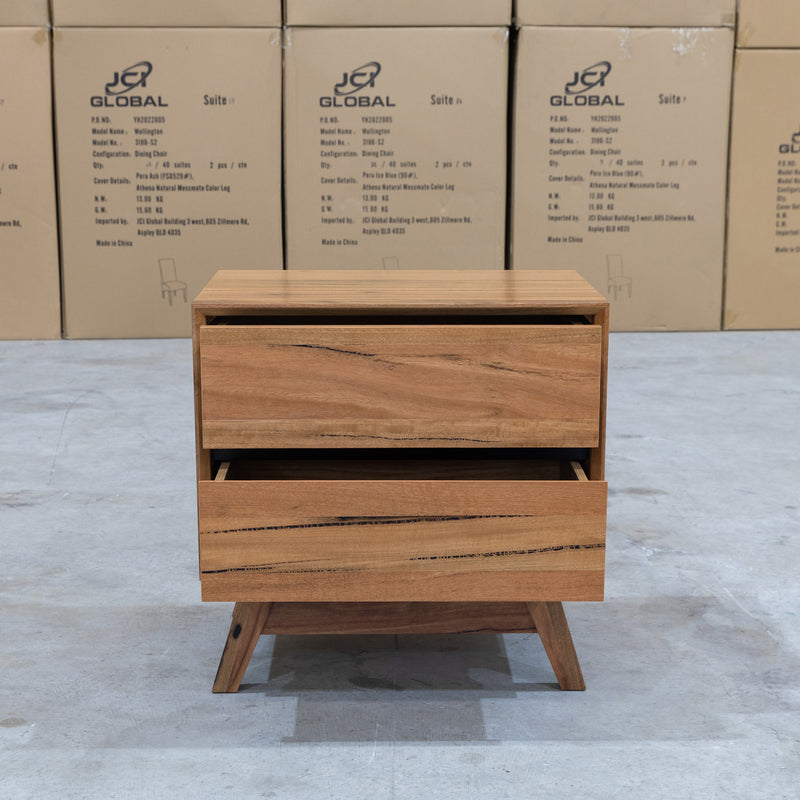 The Polo Marri Harwood Timber Two Drawer Bedside available to purchase from Warehouse Furniture Clearance at our next sale event.