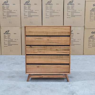 The Polo Marri Hardwood Timber Five Drawer Tallboy available to purchase from Warehouse Furniture Clearance at our next sale event.