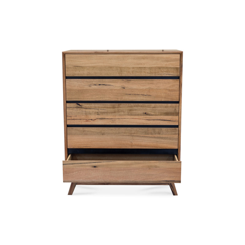 The Polo Marri Timber 5 Drawer Tallboy available to purchase from Warehouse Furniture Clearance at our next sale event.