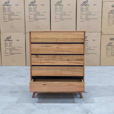 The Polo Marri Hardwood Timber Five Drawer Tallboy available to purchase from Warehouse Furniture Clearance at our next sale event.