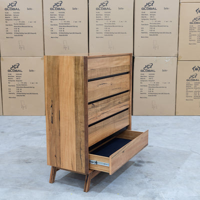 The Polo Marri Hardwood Timber Five Drawer Tallboy available to purchase from Warehouse Furniture Clearance at our next sale event.