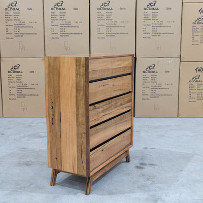 The Polo Marri Hardwood Timber Five Drawer Tallboy available to purchase from Warehouse Furniture Clearance at our next sale event.