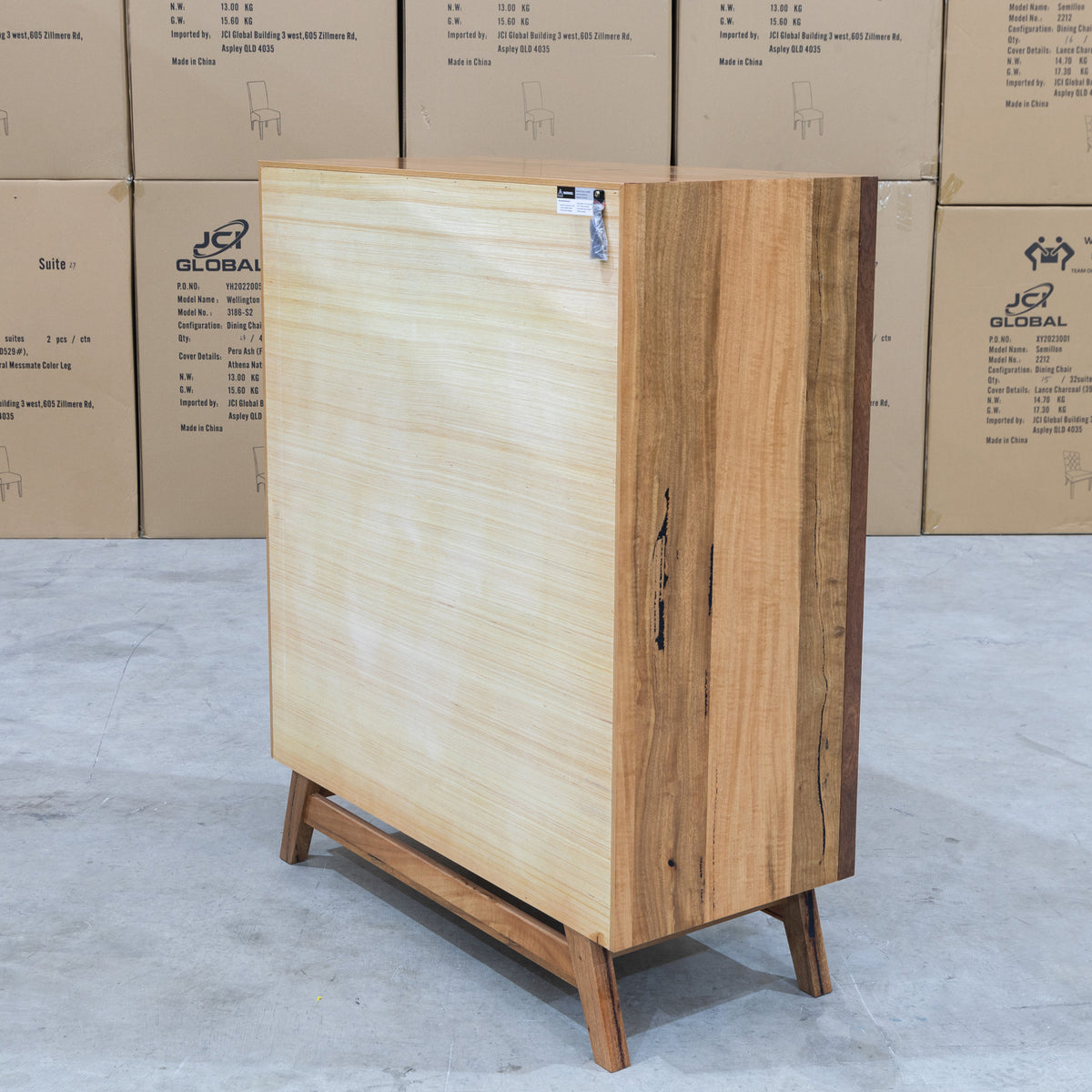 The Polo Marri Hardwood Timber Five Drawer Tallboy available to purchase from Warehouse Furniture Clearance at our next sale event.