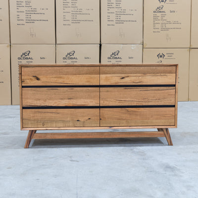 The Polo Marri Hardwood Timber Six Drawer Dresser available to purchase from Warehouse Furniture Clearance at our next sale event.