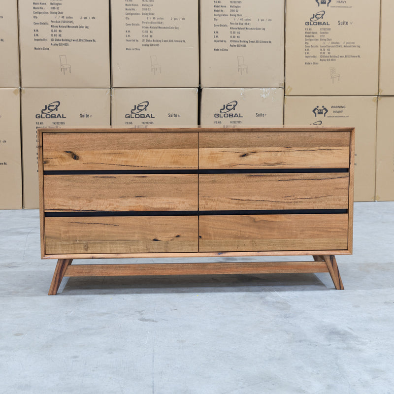 The Polo Marri Hardwood Timber Six Drawer Dresser available to purchase from Warehouse Furniture Clearance at our next sale event.