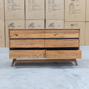 The Polo Marri Hardwood Timber Six Drawer Dresser available to purchase from Warehouse Furniture Clearance at our next sale event.