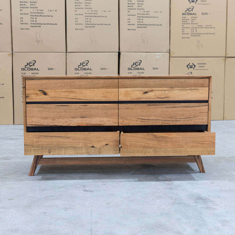 The Polo Marri Hardwood Timber Six Drawer Dresser available to purchase from Warehouse Furniture Clearance at our next sale event.