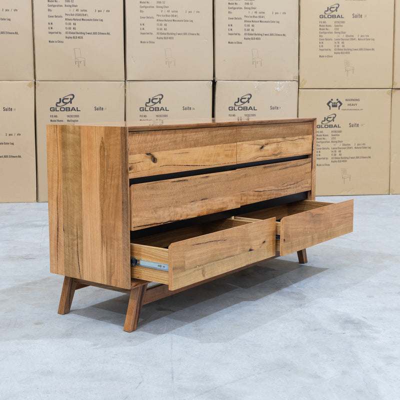 The Polo Marri Hardwood Timber Six Drawer Dresser available to purchase from Warehouse Furniture Clearance at our next sale event.