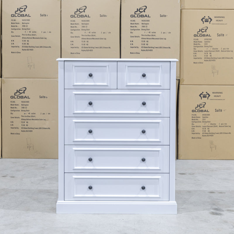 The Hampton 6 Drawer Timber Tallboy - Available After 5th February available to purchase from Warehouse Furniture Clearance at our next sale event.