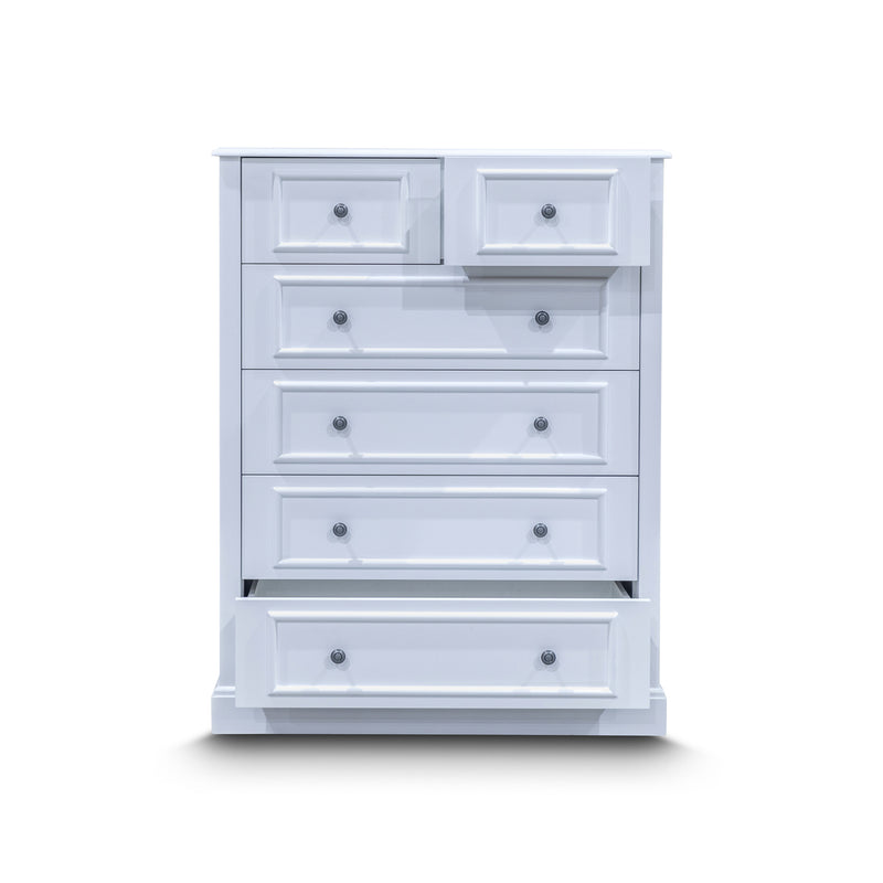 The Hampton 6 Drawer Timber Tallboy available to purchase from Warehouse Furniture Clearance at our next sale event.