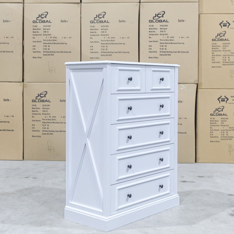 The Hampton 6 Drawer Timber Tallboy available to purchase from Warehouse Furniture Clearance at our next sale event.