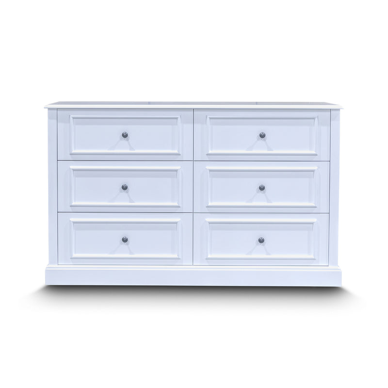 The Hampton 6 Drawer Timber Dresser available to purchase from Warehouse Furniture Clearance at our next sale event.