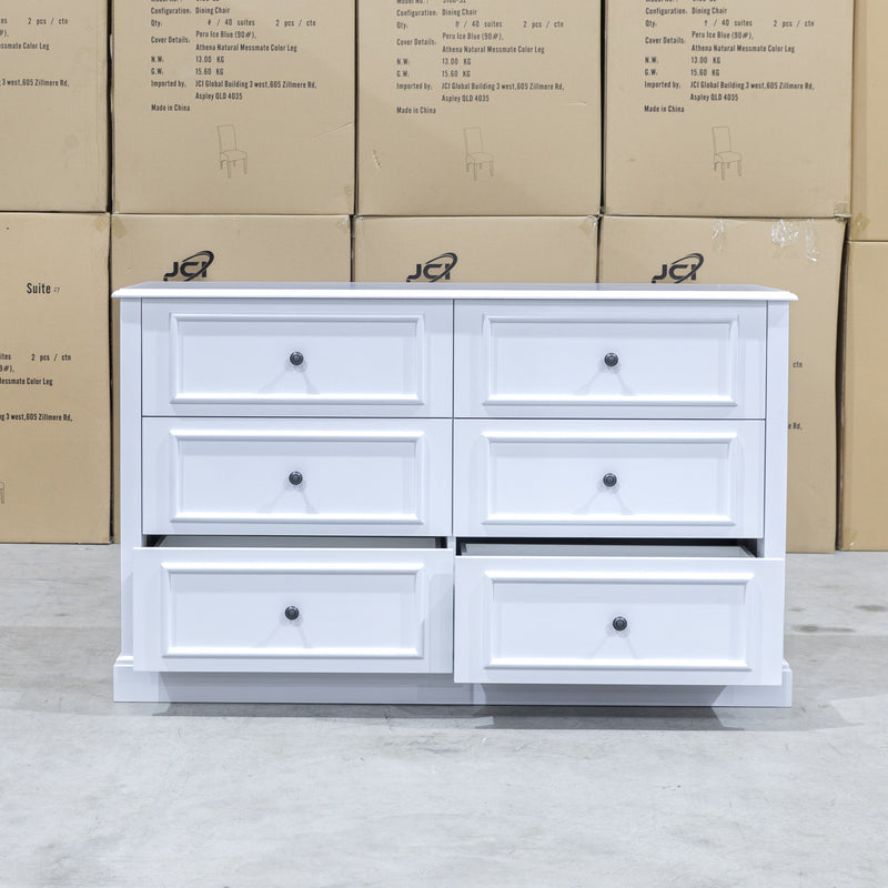 The Hampton 6 Drawer Timber Dresser available to purchase from Warehouse Furniture Clearance at our next sale event.