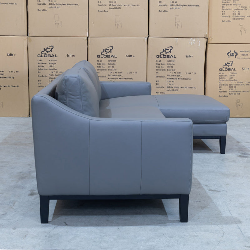 The Tara Three Seater Leather Chaise Lounge - Charcoal available to purchase from Warehouse Furniture Clearance at our next sale event.