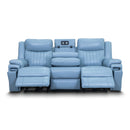 The Dylan Three Seater Triple Motor Electric Recliner Lounge - Ice Blue Leather available to purchase from Warehouse Furniture Clearance at our next sale event.