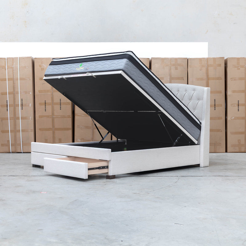 Emily King Fabric Gas Lift Storage Drawer Bed - Oat White