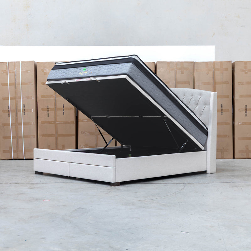 Emily Queen Fabric Gas Lift Storage Drawer Bed - Oat White - Warehouse Furniture Clearance