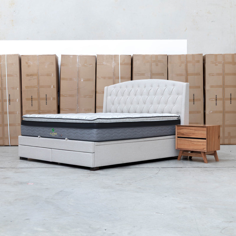 Emily Queen Fabric Gas Lift Storage Drawer Bed - Oat White - Warehouse Furniture Clearance