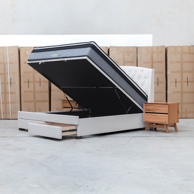 Emily Queen Fabric Gas Lift Storage Drawer Bed - Oat White - Warehouse Furniture Clearance