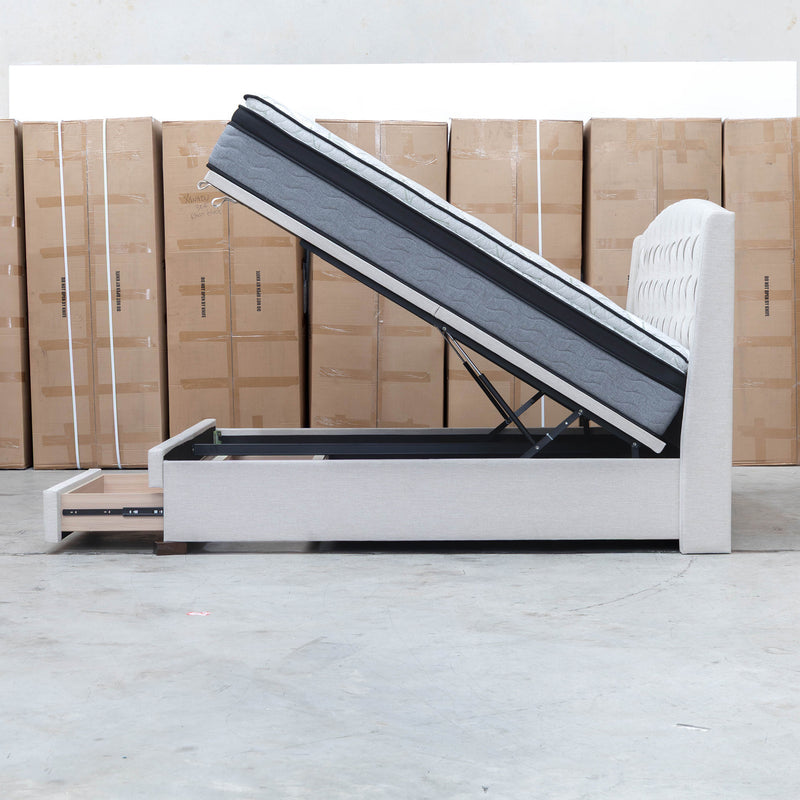 Emily Queen Fabric Gas Lift Storage Drawer Bed - Oat White - Warehouse Furniture Clearance