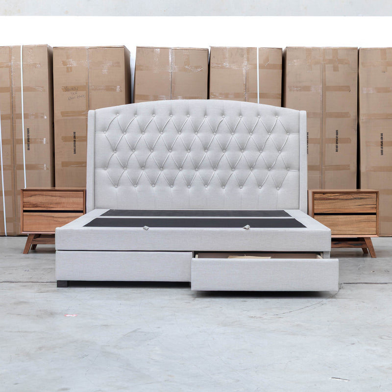 Emily Queen Fabric Gas Lift Storage Drawer Bed - Oat White - Warehouse Furniture Clearance