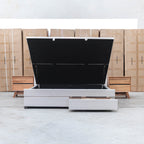 The Emily Double Fabric Gas Lift Storage Drawer Bed - Oat White available to purchase from Warehouse Furniture Clearance at our next sale event.