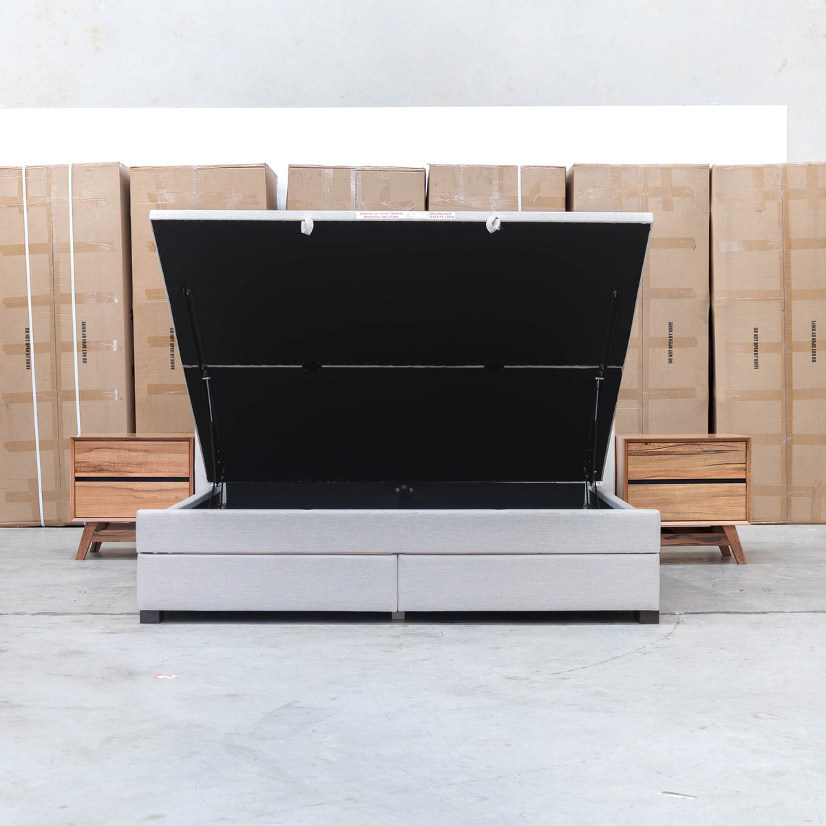 The Emily Double Fabric Gas Lift Storage Drawer Bed - Oat White available to purchase from Warehouse Furniture Clearance at our next sale event.