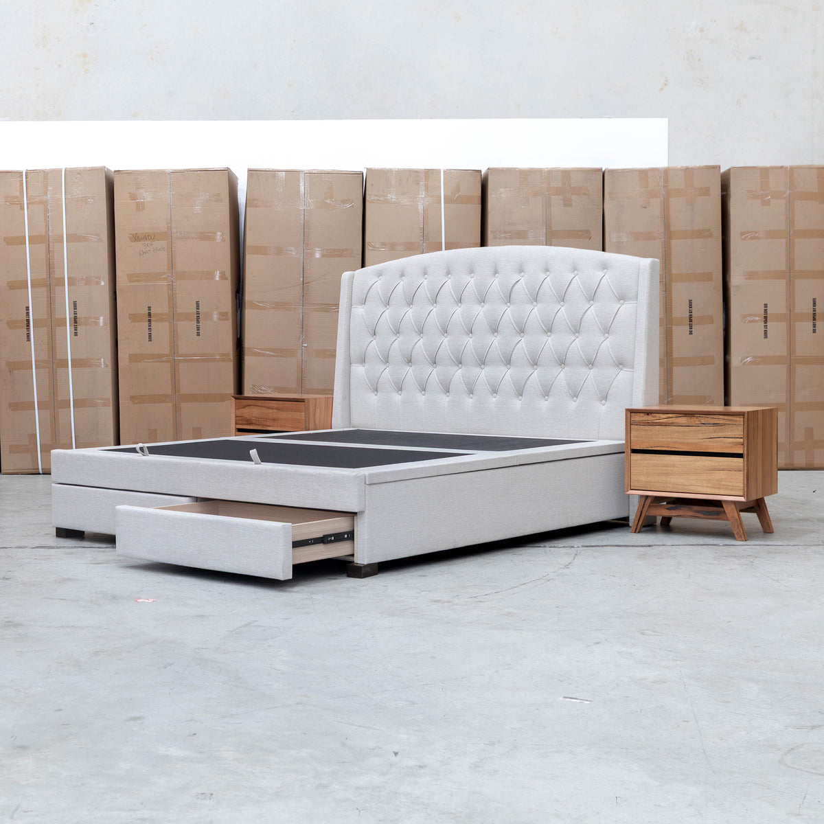 The Emily Double Fabric Gas Lift Storage Drawer Bed - Oat White available to purchase from Warehouse Furniture Clearance at our next sale event.