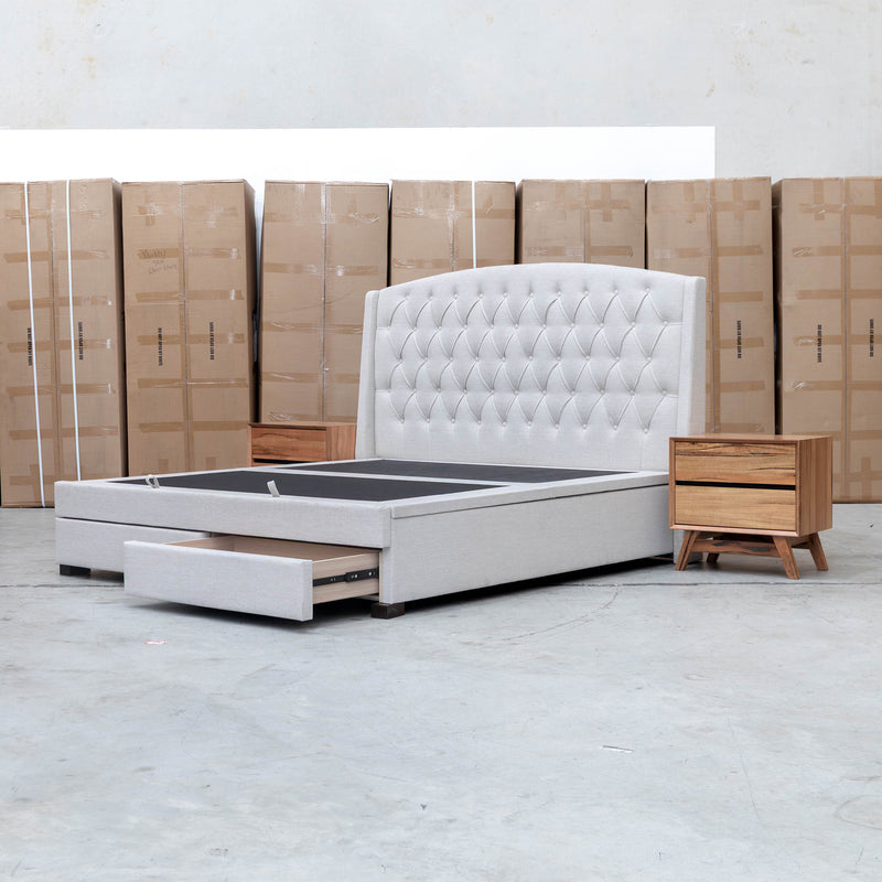 Emily Queen Fabric Gas Lift Storage Drawer Bed - Oat White - Warehouse Furniture Clearance