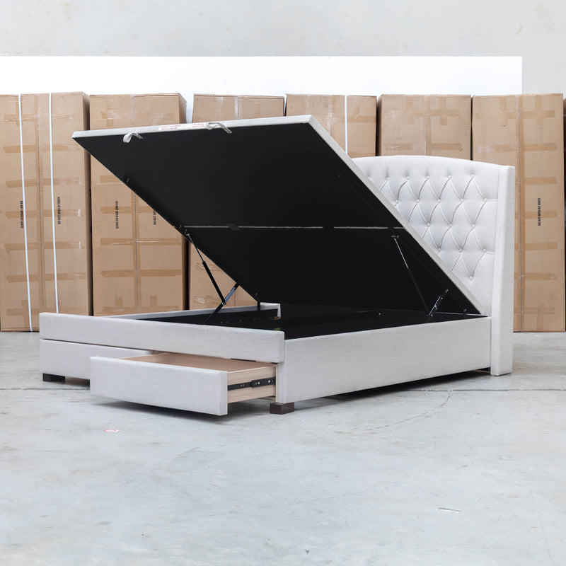 Emily Queen Fabric Gas Lift Storage Drawer Bed - Oat White - Warehouse Furniture Clearance