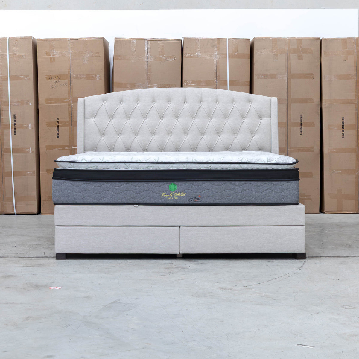 The Emily Double Fabric Gas Lift Storage Drawer Bed - Oat White available to purchase from Warehouse Furniture Clearance at our next sale event.