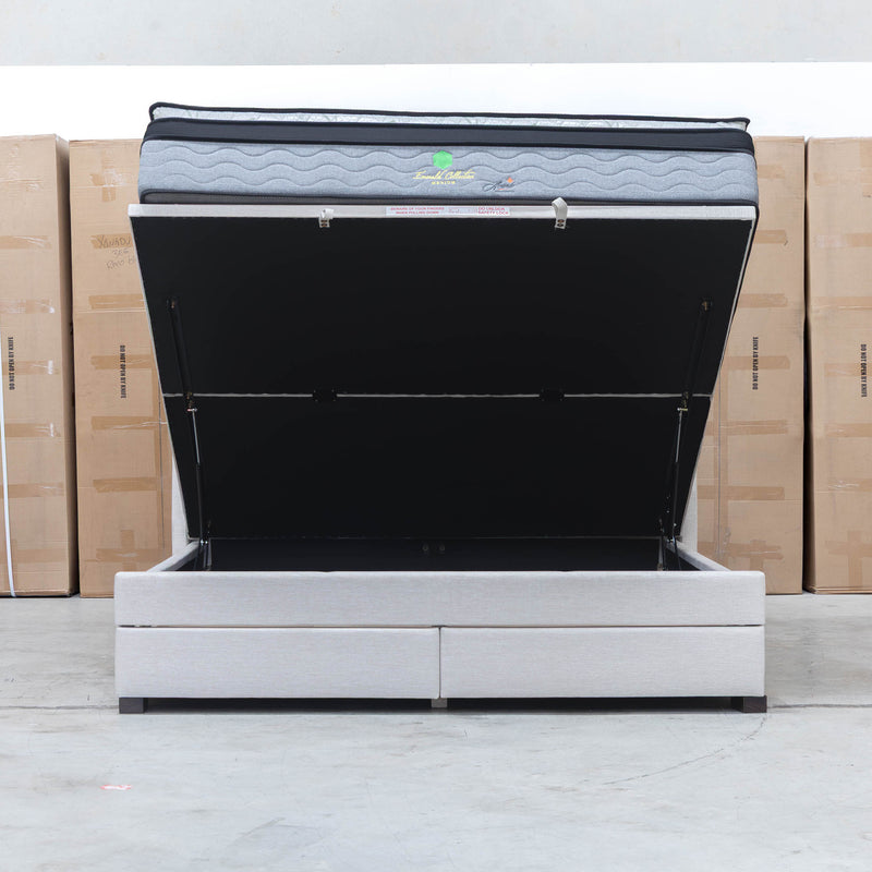 Emily Queen Fabric Gas Lift Storage Drawer Bed - Oat White - Warehouse Furniture Clearance