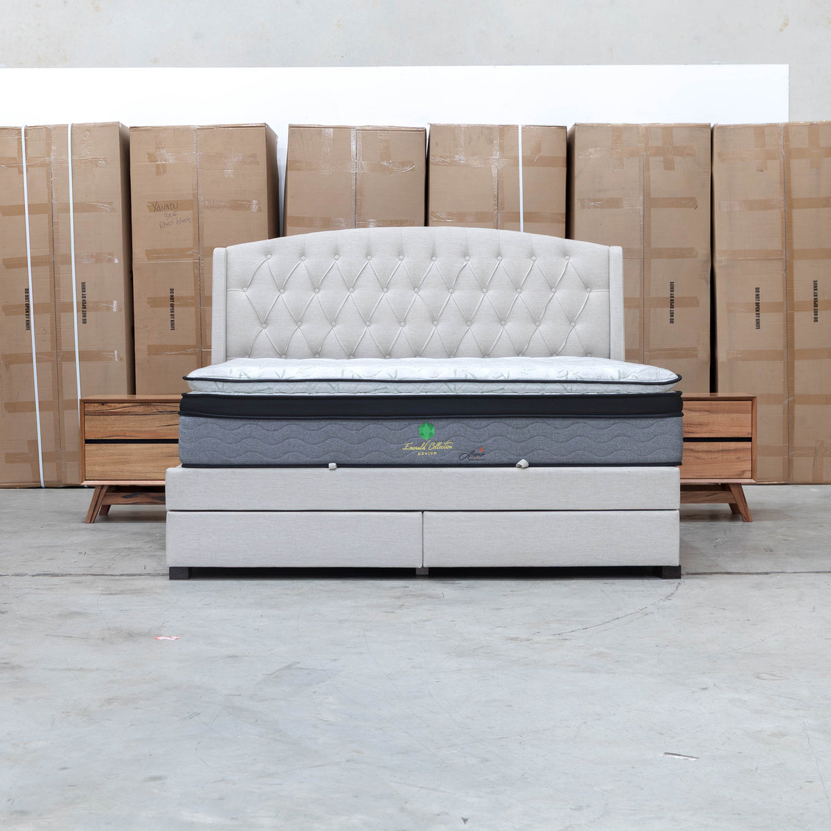 The Emily Double Fabric Gas Lift Storage Drawer Bed - Oat White available to purchase from Warehouse Furniture Clearance at our next sale event.