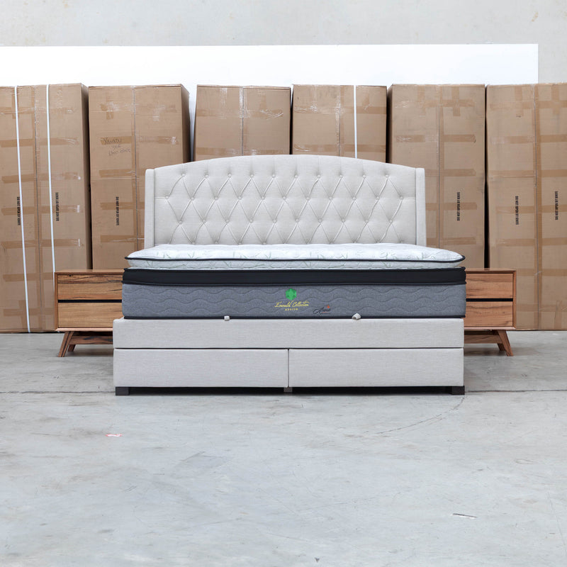 Emily Queen Fabric Gas Lift Storage Drawer Bed - Oat White - Warehouse Furniture Clearance