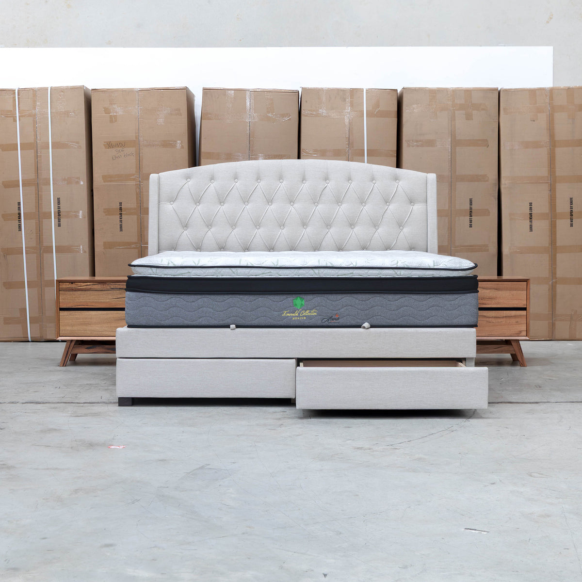 The Emily King Fabric Gas Lift Storage Drawer Bed - Oat White available to purchase from Warehouse Furniture Clearance at our next sale event.