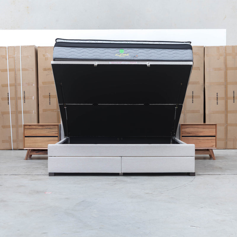 Emily Queen Fabric Gas Lift Storage Drawer Bed - Oat White - Warehouse Furniture Clearance