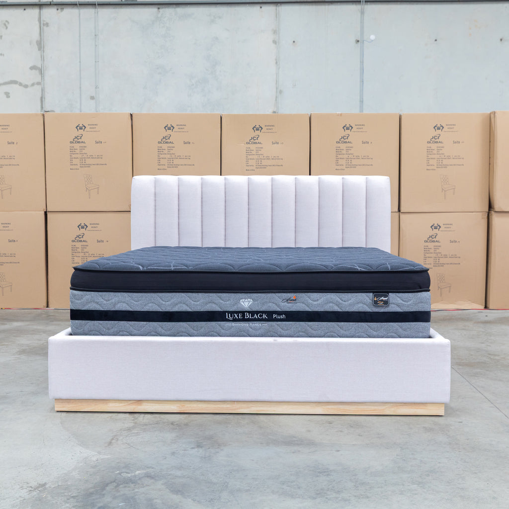 The Esperance King Fabric Gas Lift Storage Bed - Beige available to purchase from Warehouse Furniture Clearance at our next sale event.