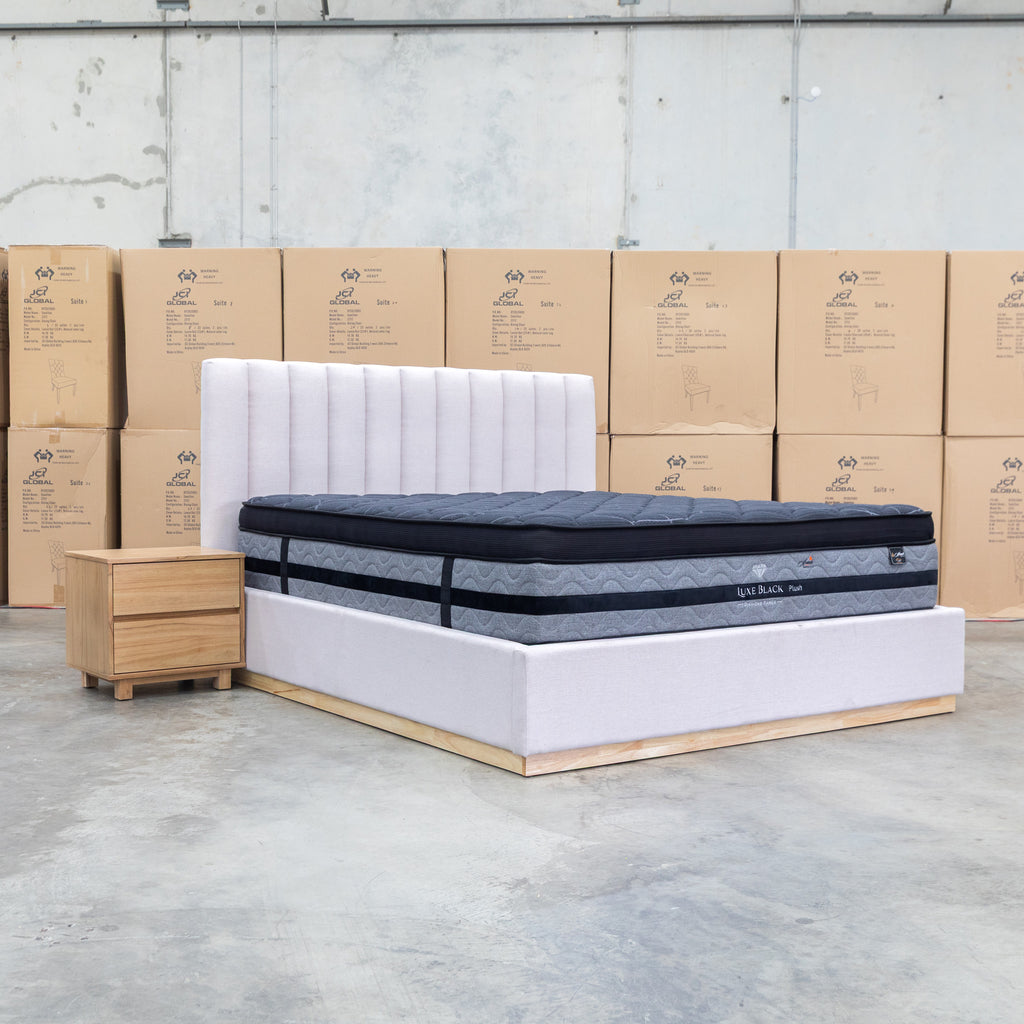 The Esperance King Fabric Gas Lift Storage Bed - Beige available to purchase from Warehouse Furniture Clearance at our next sale event.