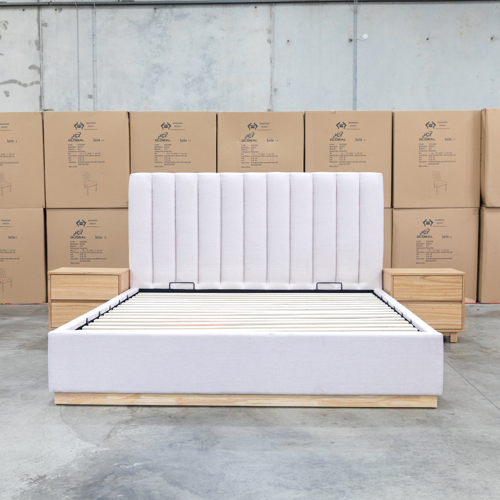 The Esperance King Fabric Gas Lift Storage Bed - Beige available to purchase from Warehouse Furniture Clearance at our next sale event.
