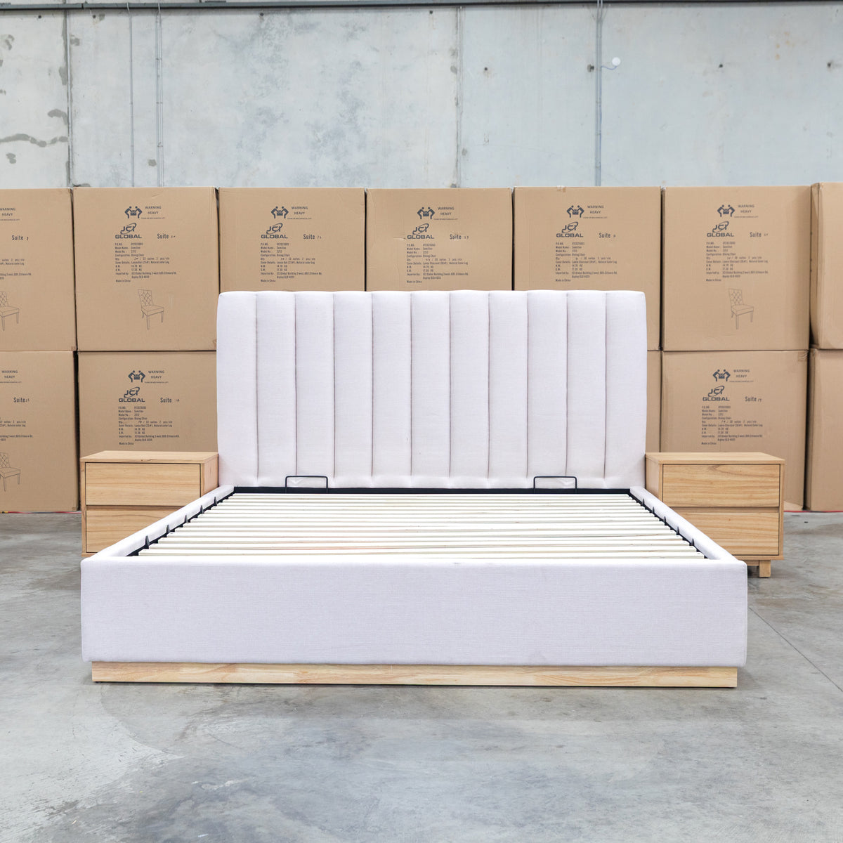 The Esperance King Fabric Gas Lift Storage Bed - Beige available to purchase from Warehouse Furniture Clearance at our next sale event.