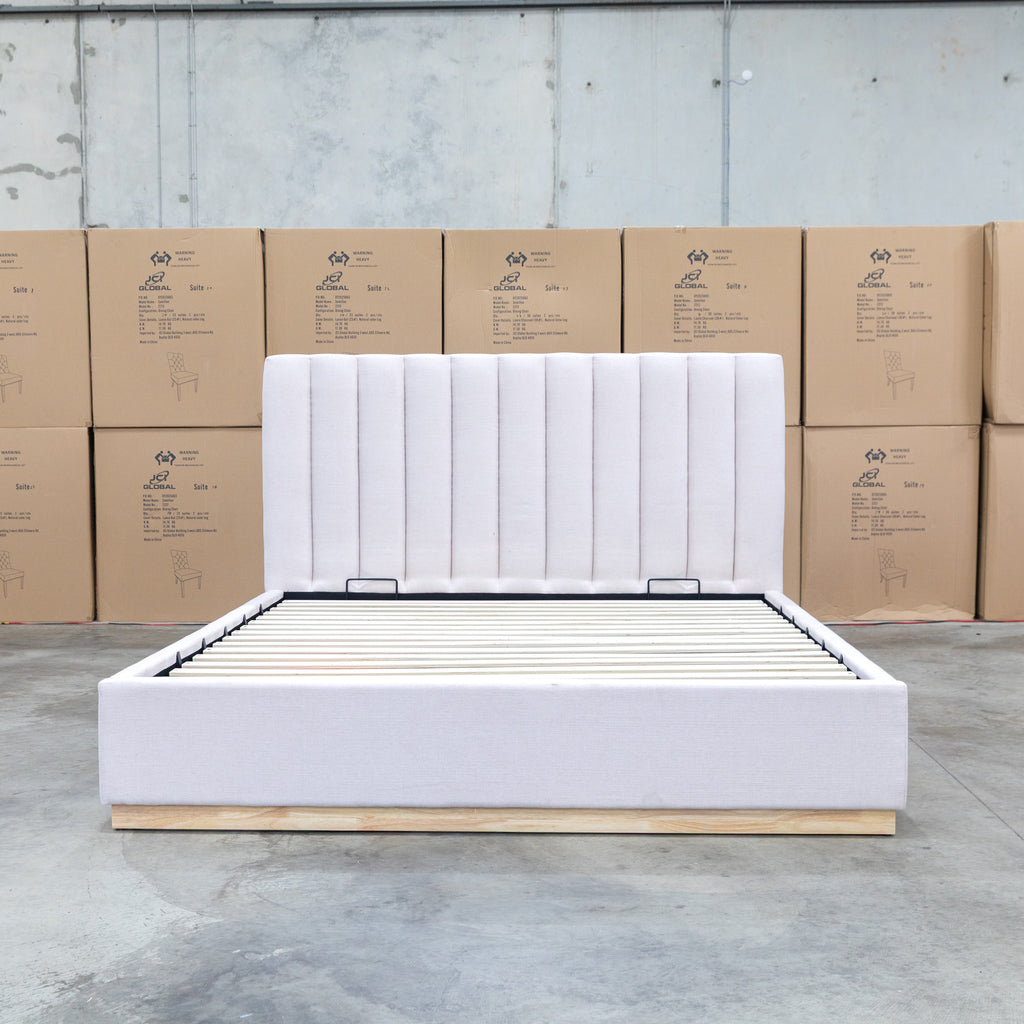The Esperance King Fabric Gas Lift Storage Bed - Beige available to purchase from Warehouse Furniture Clearance at our next sale event.