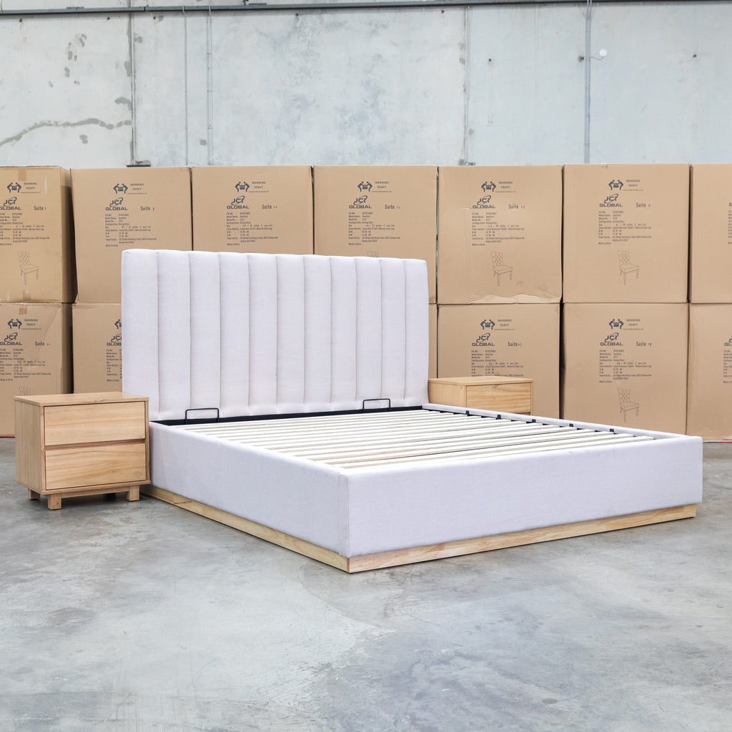 The Esperance King Fabric Gas Lift Storage Bed - Beige available to purchase from Warehouse Furniture Clearance at our next sale event.