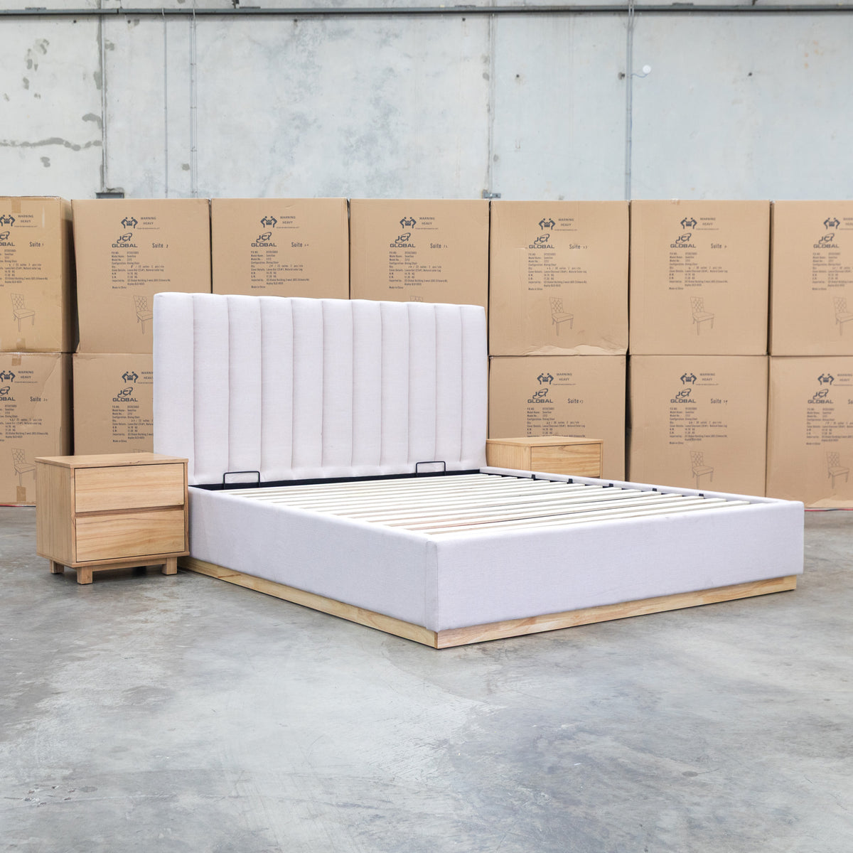 The Esperance King Fabric Gas Lift Storage Bed - Beige available to purchase from Warehouse Furniture Clearance at our next sale event.